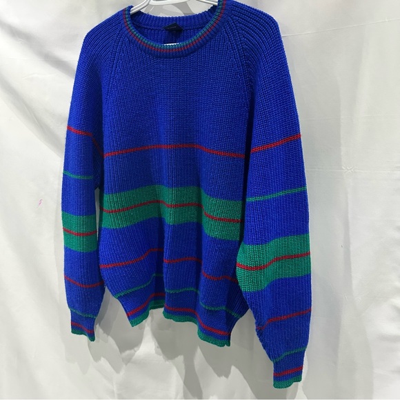 Vintage Ribbed Knit Sweater Blue Green Red Striped Crewneck 90s Y2K - Picture 4 of 9